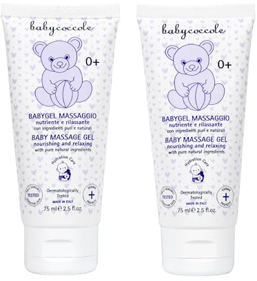 Babycoccole KIT 2 BABY GEL Massage med mandelolja för spädbarn och barn. Fuktgivande och avslappnande. Dermatologiskt testad, för känslig hud. Naturliga ingredienser. 2 x 75 ml
