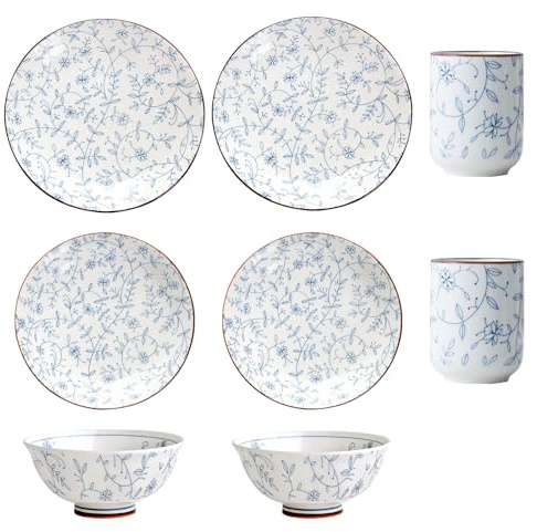 Kithing 8-Piece Dinner Set,Plates, Bowls and Cups Ceramic Kitchen Dinnerware Sets with Dessert/Soup/Dinner Plates，Blue Floral Pattern Dinnerware Set for Dining& Restaurant Use，Two of Each Style