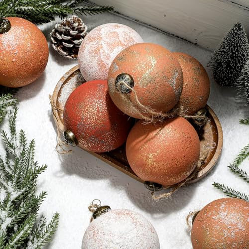 12 Pcs 3.15'' Large Rustic Vintage Neutral Textured Farmhouse Brown 2025 Christmas Ornaments Ball for Christmas Tree Decor,Boho Orange Copper Hanging Xmas Ornaments Shatterproof Ball for Home Decor
