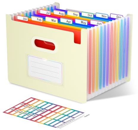 ThinkTex dokumentmapp A4, 12 fack sorteringsmapp fackmapp filorganisatör, upprätt och ovan, öppen dragspelsmapp bärbar sorteringsmapp för hem eller kontor dokument – morandigul