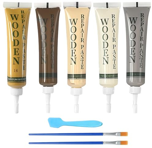 Set di riparazione in laminato, set di riparazione per mobili in legno, 5 colori, con agitatore e pennello in nylon, per riparare graffi e crepe su armadi in legno, pavimenti, porte e piani