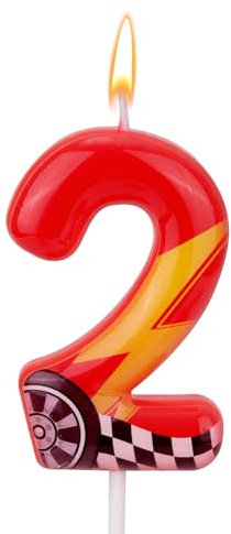 Vela Cumpleaños con Temática Coches Carreras, Vela Roja con Número Rayo Ideal Como Adorno para Tartas y Decoración para Cumpleaños Aniversarios y Fiestas Temáticas(Número 2)