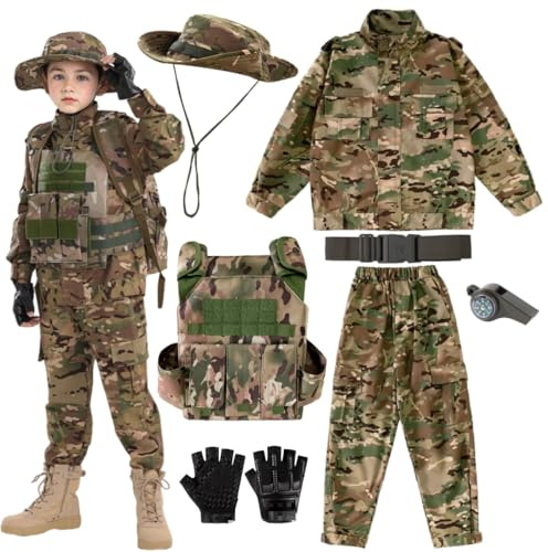 MELFZDM Costume militaire pour enfant, gilet tactique, combinaison de camouflage avec veste et pantalon, chapeau boonie, gants, ceinture et sifflet, camouflage