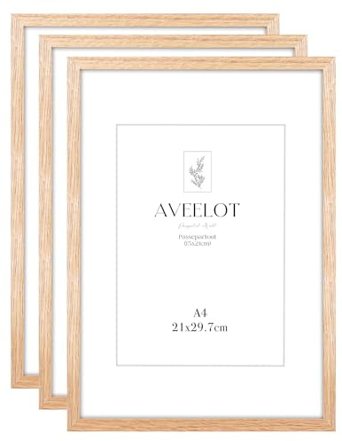 Veelot® 3x Bilderrahmen DIN A4 21x29.7 cm,Natur Holz Eichenholz,Passepartout 15x21cm,Zertifikatsrahmen 21x30cm mit bruchsicherem Acrylglas | Wandmontage oder Tischaufsteller