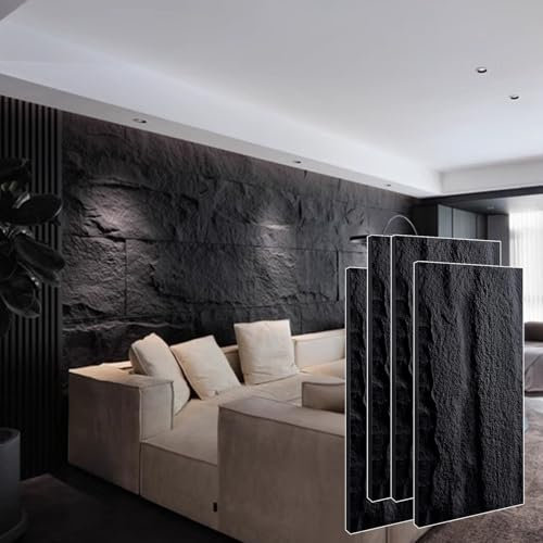Panneau Mural Lot de 4 Panneaux Muraux en Pierre pour Intérieur et Extérieur. Panneaux Muraux Imperméables Effet 3D de 0.6 X 1.2 M, Papier Peint Texturé. Revêtement de Cuisine Eet Salle de Bain(Black)