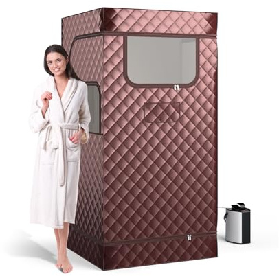 GOPLUS Dampfsauna tragbar für Zuhause, Temperaturregulierbare Ganzkörpersauna mit Fernbedienung und Timer, Heimsauna mit 3 L Dampfgenerator, Klappstuhl und Fußmassagegerät, 91 x 91 x 183 cm (Kaffee)