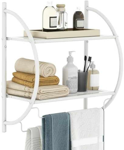 GIANTEX Badrumshylla hängande, vägghylla badrum 45 x 25,5 x 55 cm, hängande hylla badrum med 2 hyllor & 2 handdukshållare, hängande stång rostfri för badrum, duschhylla väggmontering (vit)
