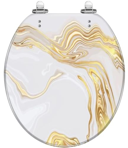 Round Toilet Seat Luxury Gold Marble Texture Panoramic Marbling Texture Design for Resin Toilet lid with Quietly Close Quick Release Hinges Decorative Seat with Cover Easy to Clean and Install