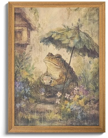 3D Textured Framed Vintage Frog Wall Art, Rustic Farmhouse Animal Wall Decor, Funny Frog with Umbrella Sandstone Painting, Whimsical Cottagecore Picture for Living Room Bedroom 12x16 Inch