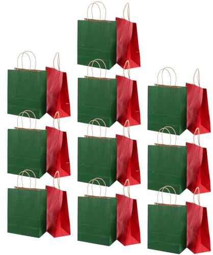 DECOMELODY 24 Stück Weihnachtstüten aus Kraftpapier mit Quadratischem Boden Rote und Grüne Geschenktüten ohne Logo für Weihnachtsfeiern und Partys