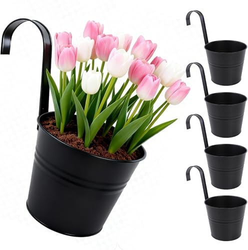 CITÉTOILE 4er-Set Hängebkorb Blumentopf 16cm, Höhe 26cm mit abnehmbaren Griff, Verzinktes Eisen, Ablaufloch, Robust & Langlebig, farbenfroh, Modell-01