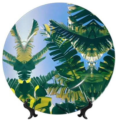 PHAYAH Assiette décorative en porcelaine anglaise avec support Motif feuille de bananier pour bureau, cuisine, table, décoration murale 20,3 cm