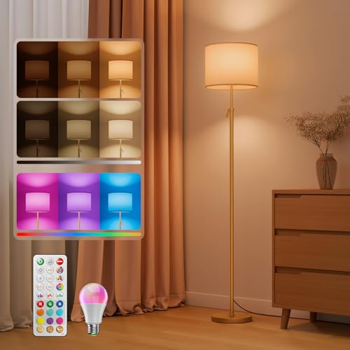 VARICART LED Stehlampe, RGB-Farbwechsel, höhenverstellbar 152-175 cm | Magnet-Fernbedienung, 1600 K Bernsteinlicht & 4000 K Neutralweiß, 0,1%-100% regelbar, 10 W, 1200 lm, gewebter Leinenschirm