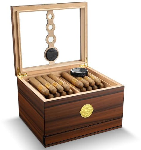 CIGARLOONG Cigar Humidor with Hygrometer, Humidifier Cedar Wood Glass Top Desktop Humidor Storage Box with Measuring Scale, Cigar Gifts for Men, Brown (large for store 50 cigars)