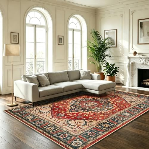 WUTONG Vintage Teppich Wohnzimmer 140x200 cm Rot,Orientalischer Teppich Waschbar rutschfest Kurzflor,Perfekt für Studentenzimmer und Kleine Wohnung,Retro