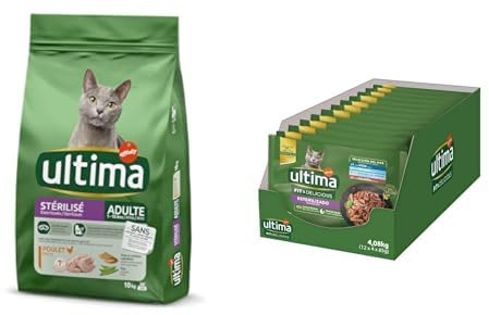 Ultima Esterilizado Adult Pollo - Comida Seca para Gatos - 10kg + Ultima Comida Húmeda para Gatos con Variedad de Pescados - 12 x (4 x 85gr) - 4080g