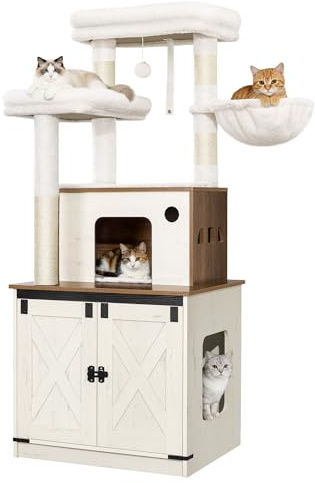 Hzuaneri Arbre à Chat avec Meuble Litiere Chat, 150cm Haut, Marron et Blanc | Coussin Lavable, Deux Grandes Plateformes, Poteau Sisal, Panier pour Chat, Maison pour Chat, Balles Peluche, CB89214WT