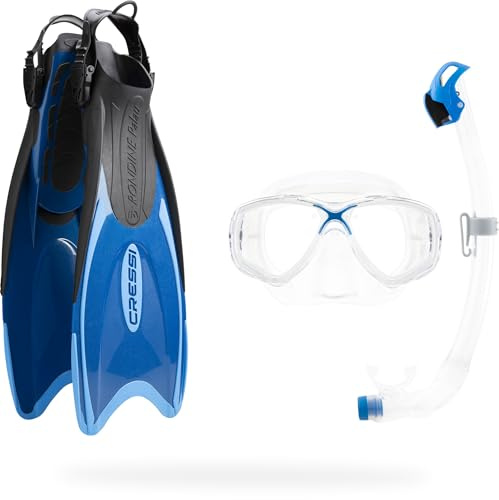 CRESSI seit 1946 - Palau Marea Dry Bag - Schnorchelset für Erwachsene das beinhaltet Palau Verstellbaren Flossen, Marea Maske, Schnorchel Seal Dry und Tragetasche - Blau/Hellblau
