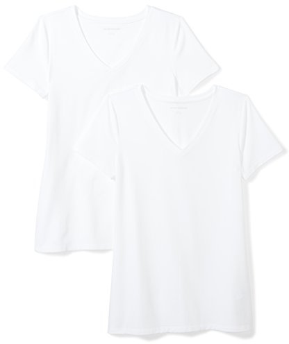 Amazon Essentials Women's Kortärmad V-ringad T-shirt klassisk passform, Pack of 2, Vit, S