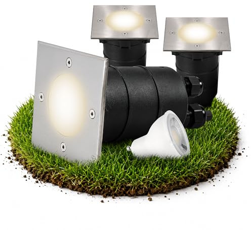SSC-LUXon 3 Stück MADON LED Bodeneinbaustrahler Aussen eckig IP67 - mit 3x LED GU10 3W neutralweiß - Bodenstrahler Spot 230V befahrbar