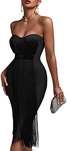 UONBOX Women's Strapless Elegant Tassel Tube Dress Bodycon Party Bandage Dress (M, Black)