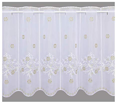 atelier alles-Spitze Hochwertige Scheibengardine Goldener Winterzweig | Winter- und Weihnachts-Scheibenhänger mit Vogtländischer Stickerei in Weiß und Gold | Höhe x Breite 55 x 160 cm