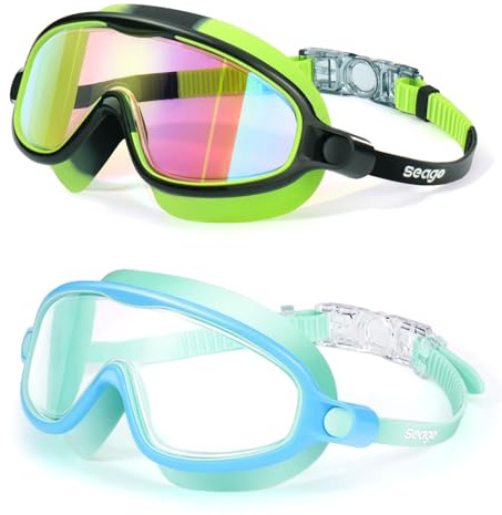 Seago Swim Goggles 2 Pack Anti-Fog Anti-UV Wide View Swimming Goggles for Kids 3-14