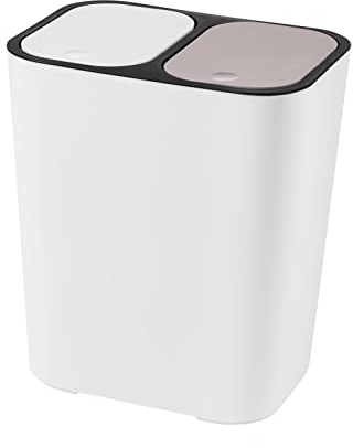 Holdfiturn Double Recycling Waste Bin Rectangle Plastic Trash Can Dual Compartment Garbage Storage Box Container Push-Button Rubbish Bin for Kitchen Office Home (White)