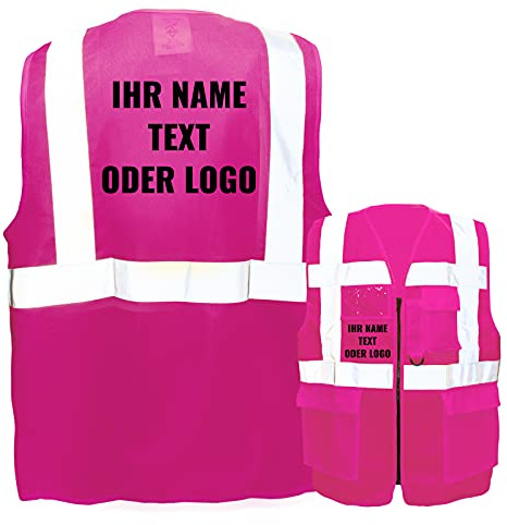 Warnweste mit Reißverschluss und Taschen * Druck auf Rücken + Front/Standard-Druck * Farbe & Größe: Pink/Größe L * Aufdruck selbst gestalten * Bedruckt mit Design Foto Text Logo