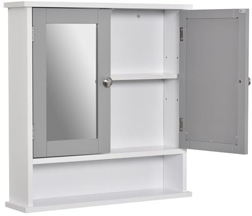 kleankin Mirror Cabinet Wall Mounted with Double Mirrored Doors, Hanging Cabinet with Cupboard and Shelf, Bathroom Wall Storage Organiser, Grey