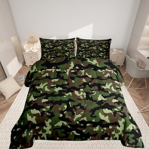 Loussiesd Copriletto mimetico 135x200cm per bambini e ragazzi per letto trapuntato nascosto verde militare per adolescenti decorativo invernale estivo super morbido con 1 federa