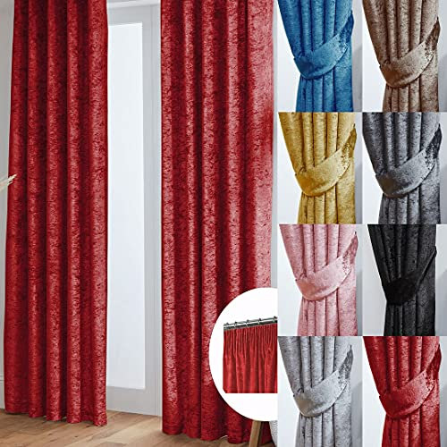 John Aird Crushed Velvet Fully Lined Tape Top Curtains (Red, 90 Wide x 72 Drop)