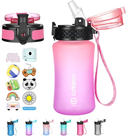 GOPPUS 350ml/12oz Trinkflasche Kinder mit Strohhalm Wasserflasche für Kohlensäurehaltige Getränke BPA-frei Kindertrinkflaschen mit Zeitmarkierung für Mädchen Auslaufsicher Flasche Kids Water Bottle
