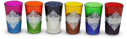 Safaary - Lot de 6 verres à thé marocains multicolores Bohème, céramique, passe au lave-vaisselle, pour boissons froides et décoration de la maison