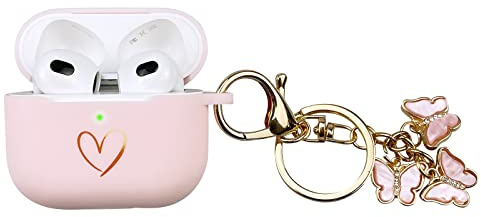 AIIEKZ Kompatibel mit AirPods 3 Hülle Cover 2021, weiche Silikonhülle mit goldenem Herzmuster für AirPods 3. Generation Hülle mit süßem Schmetterlings-Schlüsselanhänger (Rosa)