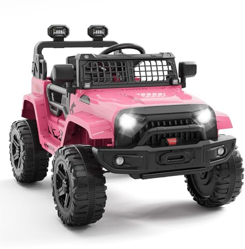 Hetoy Electric Car for Kids, 12V Electric Vehicles with Remote Control, Spring Suspension, LED Lights, Bluetooth, 3 Speeds, Ride on Toddler Truck Car