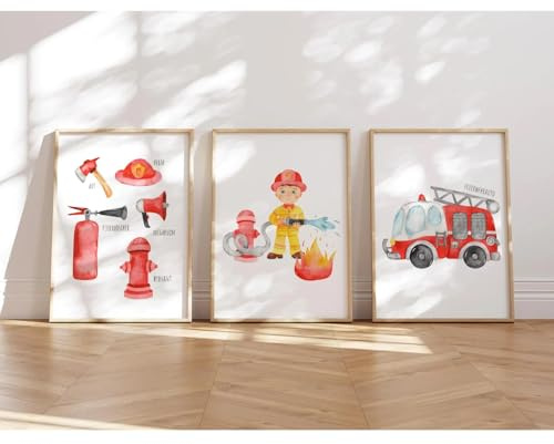 MeinBaby123® Bilder Kinderzimmer | 3er Set DIN A4 Poster Set Feuerwehr | Feuerwehrauto, Feuerwehrmann | Deko Kinderzimmer Junge | Babyzimmer Deko | Wandposter Premium (Feuerwehr V3)