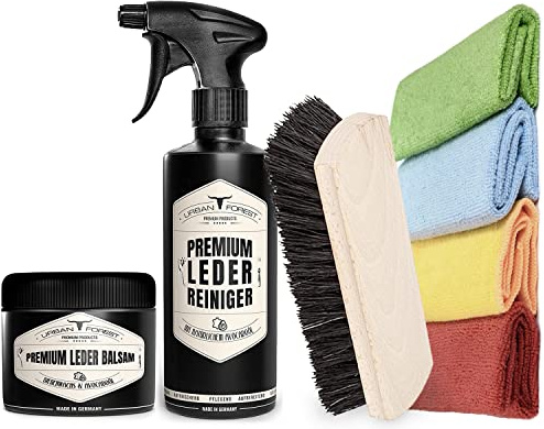 URBAN FOREST Sparset Lederreiniger + Lederbalsam + 4 Tücher + Bürste 500ml | Polsterbürste & Mikrofasertücher, Ledersitze reinigen und pflegen, professionelle Sitz-Aufbereitung mit Tiefenwirkung