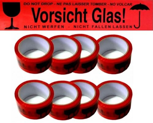 Trendsky 6 x Rollen 66 Meter Rot Vorsicht Glas Hinweis Packband Paketband Klebeband Paketbänder Film Band