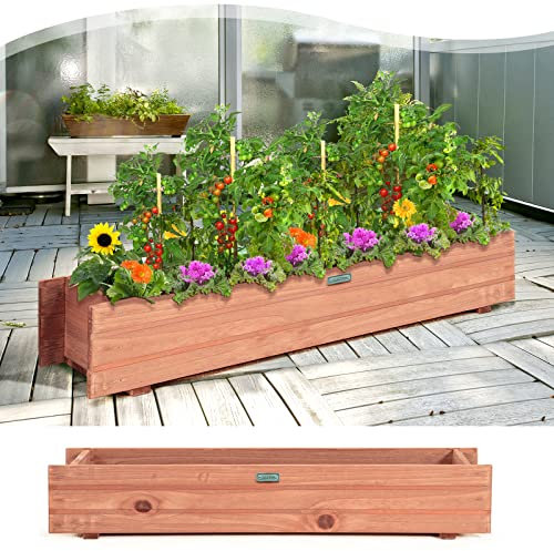 COSTWAY Blumenkasten Hochbeet Holz, Gartenbeet für Gemüse, Obst, Kräuter, Pflanzkasten Pflanzbeet für Garten Rasen Terrasse Balkon, Keine Montage erforderlich, Braun, 91,5 x 18 x 16 cm