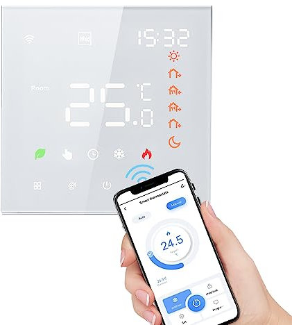 Termostato WiFi, Aoresac Termostato Intelligente LCD Digitale per Riscaldamento dell'acqua Compatibile con Amazon Google Home, Touch Screen Sostenere il Controllo di Programmazione 5+2/6+1 (Bianco)