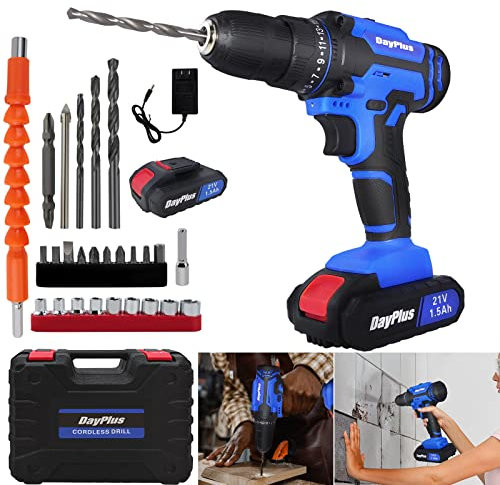 Taladro Atornillador Bateria con 1 Baterías Litio 1,5Ah, 26 Pcs Kit Destornillador Eléctrico, Taladro Inalámbrico 42Nm Par Máx, 2 Velocidades, 25+1 Ajuste de Par, LED Luz Para Hogar, Bricolaje