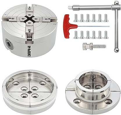 DEEFIINE 4 Inch Wood Lathe Chuck Set 1-1/4- 8 tpi thread, Nickel Plated Self Centering 4 Jaw Wood Turning Chuck set (2PCS jaws)