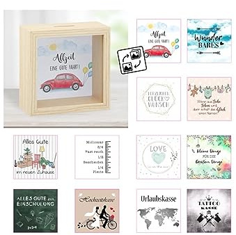 MC-Trend Spardose 12 IN 1 zwölf Einleger zum Wechseln DIY 14,5x14,5x6,5cm Holz/Glas für Urlaub Zuhause Tattoo Bares Geburtstag Geschenk Geld Hochzeit Baby Kind Einschulung Führerschein Sparschwein