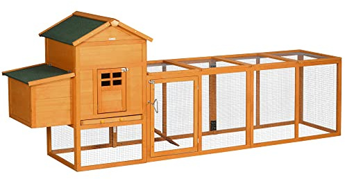 PawHut Gallinero para Exterior Gallinero de Madera Jaula Grande para 3-6 Gallinas con Ponedero Techo Asfáltico Bandeja Extraíble y Rampa 297,5x68x118 cm Natural