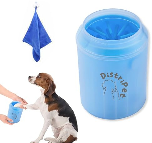 DistriPet Pfotenreiniger für Hunde, aus Silikon, tragbar, abnehmbar, mit Mikrofaser-Handtuch für Hunde, zur Reinigung schmutziger Haustierfüße, Blau