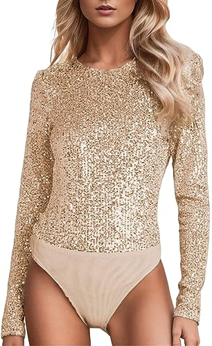 Pailletten Oberteil Damen Body Damen Langarm Unterhemd Bodysuit Tops Bodies Blusebody Wrap Damenbody Pailletten Stringbody Tops Karneval Kostüm Stringbody Tanz-Body Shapewear Formende (Gold-c, S)