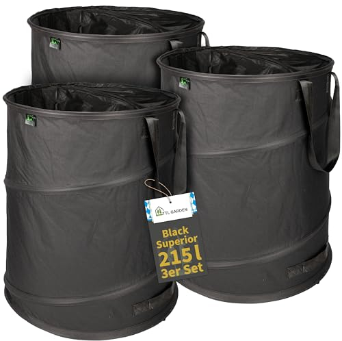 TTL Garden Black SUPERIOR 3 X 215L Pop Up Sacco da giardino – Doppio fondo 260 gsm extra stabile 600D Oxford Set di 3 sacchi per rifiuti da giardino da 215 litri pieghevole taglio verde da giardino