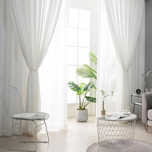 Voile Vorhang für Schlafzimmer 229 cm Länge, 2 Stück Gardiene Vorhänge Halbtransparent Einfarbig mit Ösen Weiss Fenstergardinen Moderne Wohnzimmer, 229x137 cm (B x H)