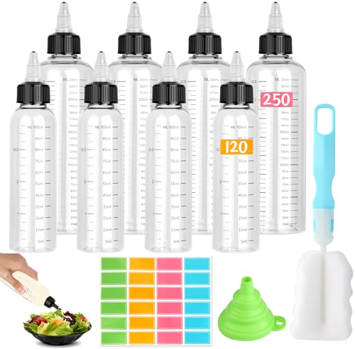 HOCUCHELAND Quetschflasche, 8 stück Plastik Squeeze Flasche 120ml/250ml, Dosierflasche mit Spitzenkappe und Skala, Kein Leck Saucenflasche mit Trichtern Etiketten Bürsten für Malen, Backen, Ketchup